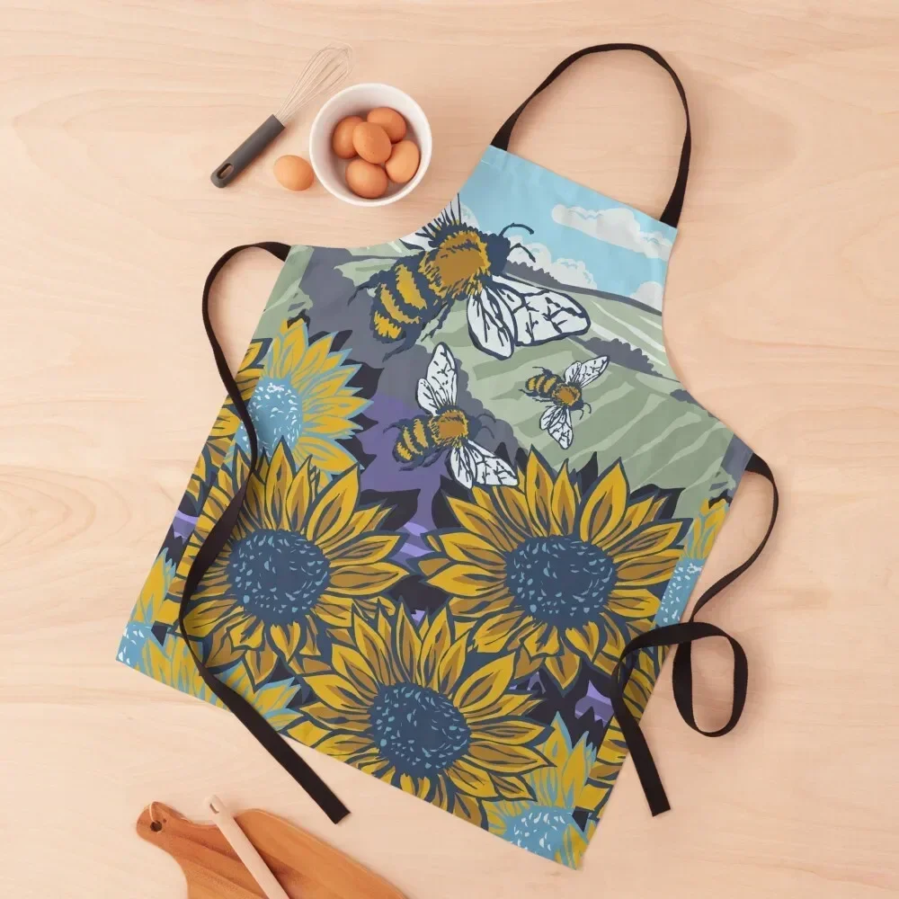 

Oxfordshire Sunflowers and Honey Bees Linoprint Apron Kitchen For Man christmas kitchen cloths Apron