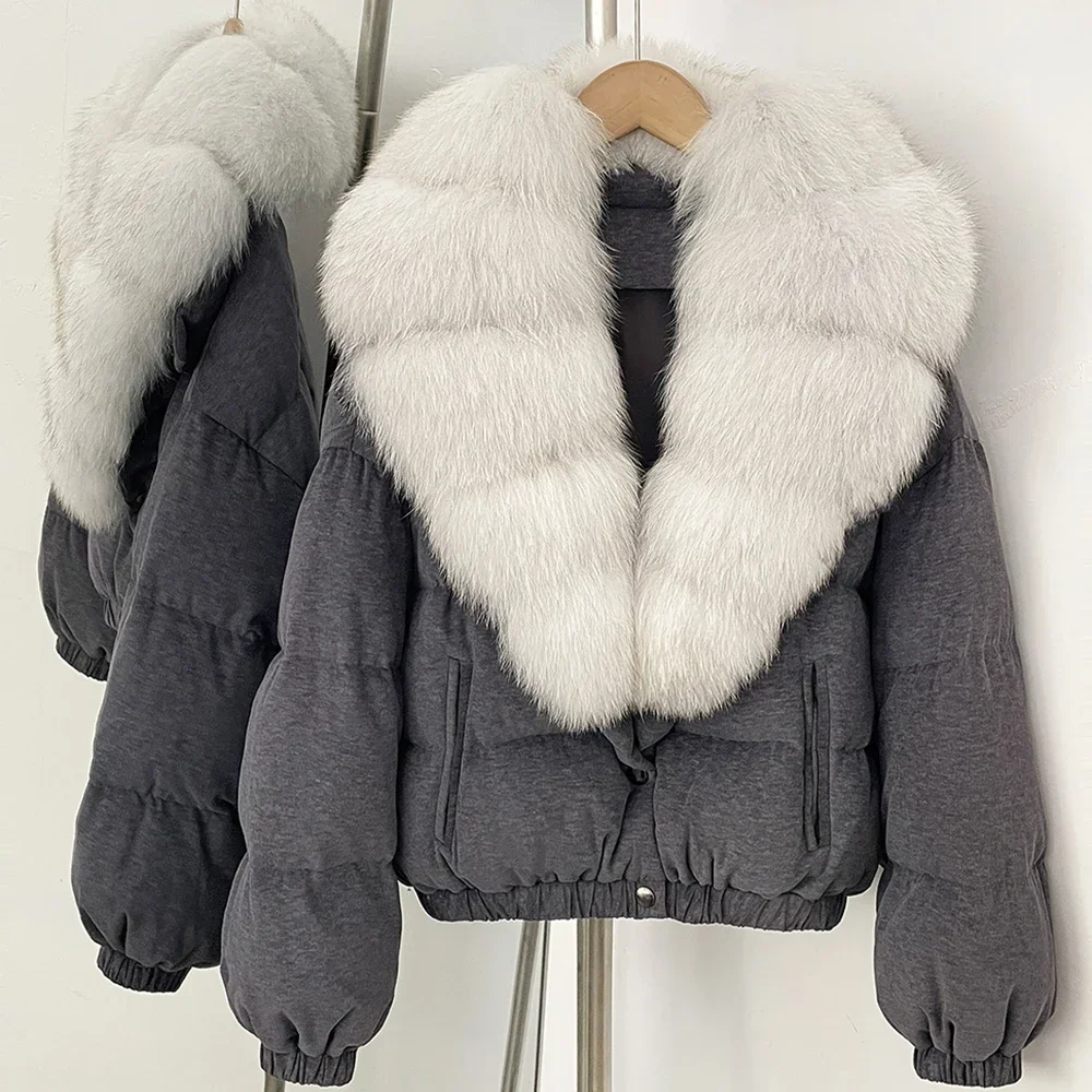 OFTBUY Neue Winterkleidung Übergroßer Echter Fuchspelz Kurzer Daunenmantel Damen 100% Baumwolle Waschbärpelz Entendaunen Pufferjacke Frauen – Detail 25