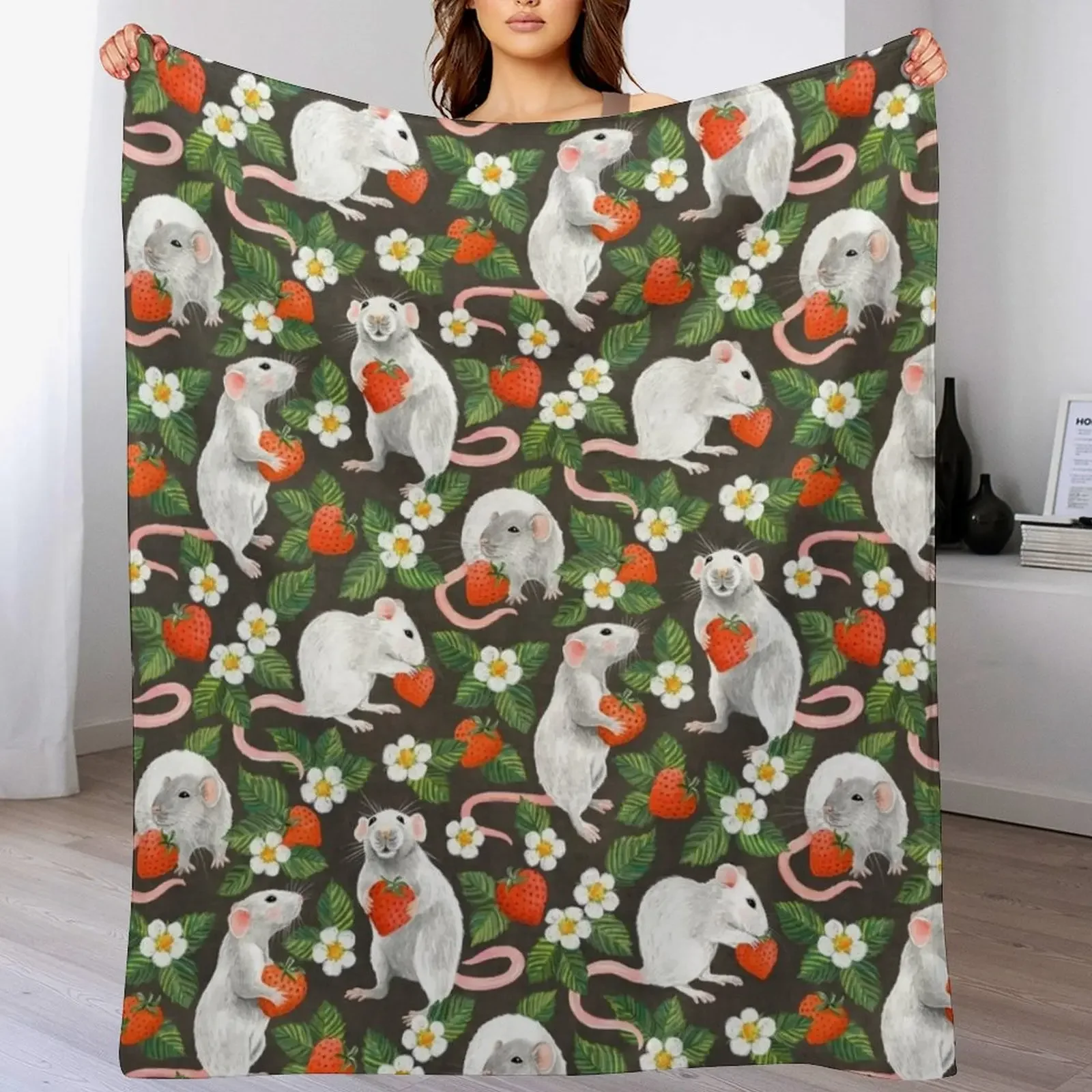 Rats Love Strawberries on vintage dark brown Throw Blanket Warm Thins Extra Large Throw Luxury Blankets