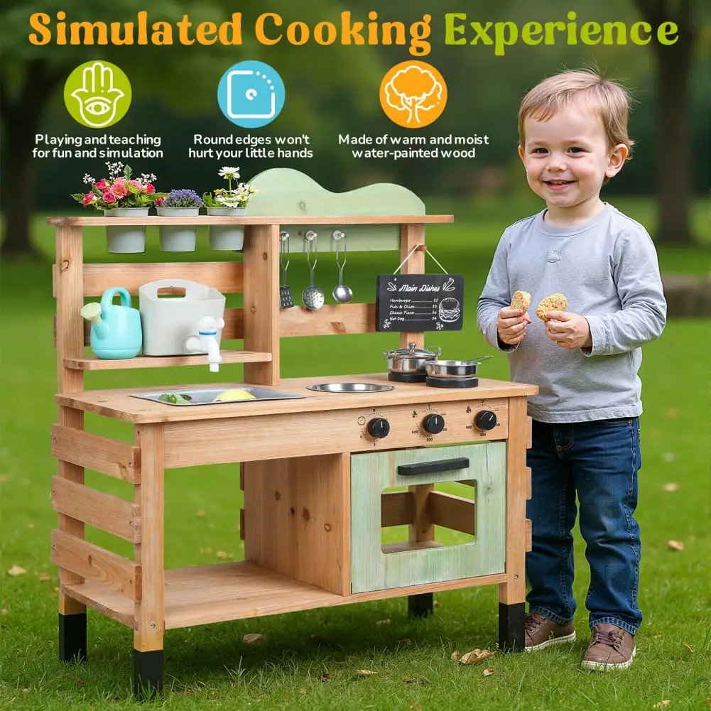 90cm lama cozinha ao ar livre de madeira fingir jogar conjunto cozinha com fogões removível torneira da pia quadro negro jardim cozinhar acessórios