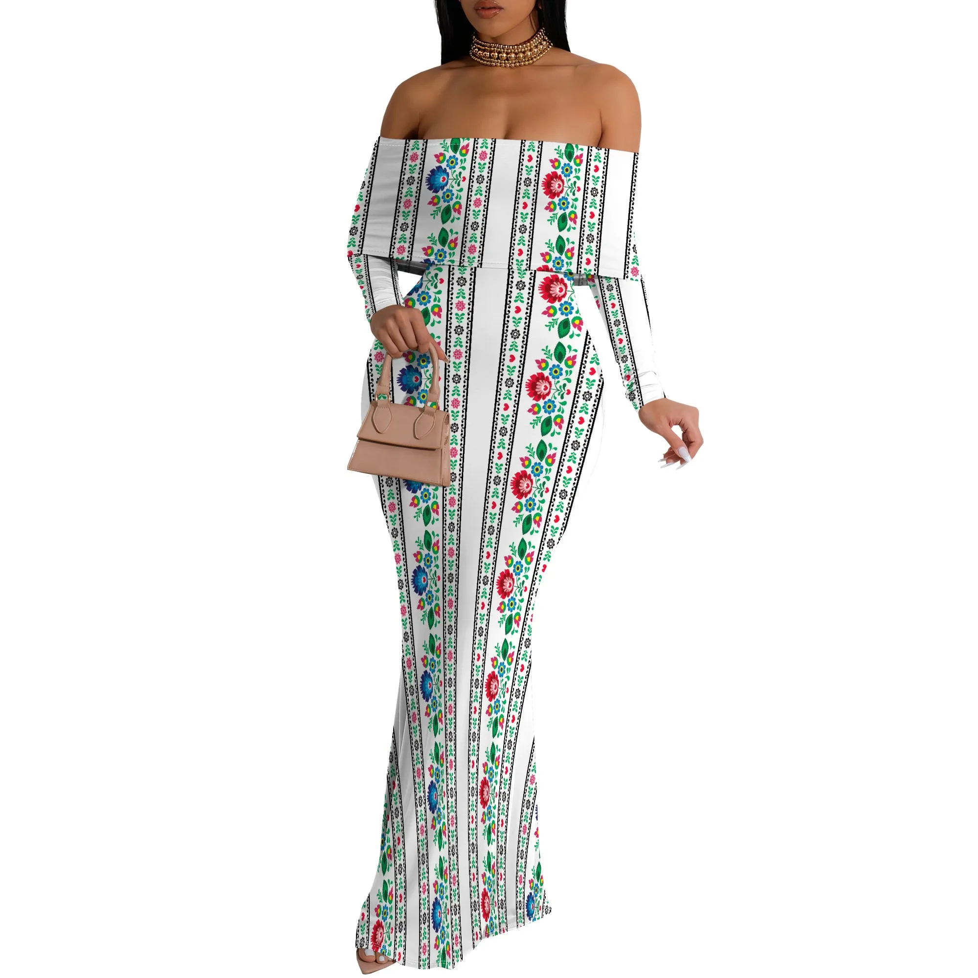 Sukienka maxi z odkrytymi ramionami Kolorowa sukienka w paski z długim rękawem Boho Bodycon Sukienka na wakacje
