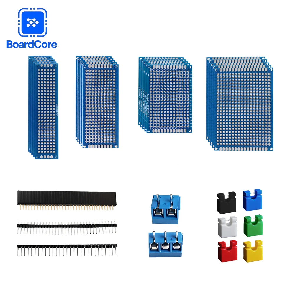20PCS Double-Sided Blue PCB Kit （5x7/4x6/3x7/2x8cm） + 139PCS Accessories Jumper Caps/KF301 Terminals/Header Pins for Arduino DIY