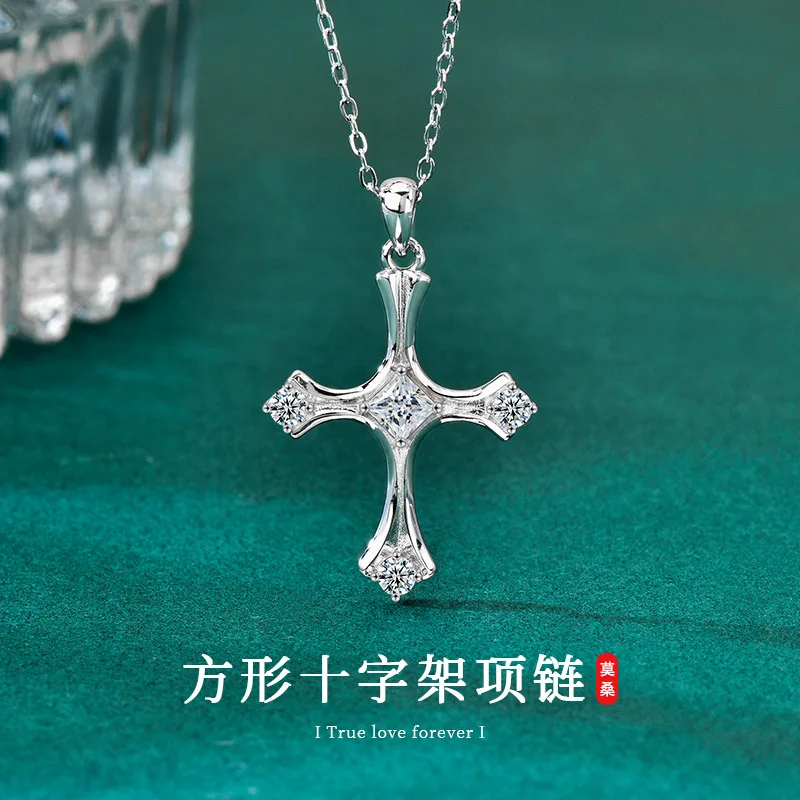 

Серебряное колье S925 с крестом, модный кулон из муассанита в форме принцессы, цепочка на ключицу, аксессуар