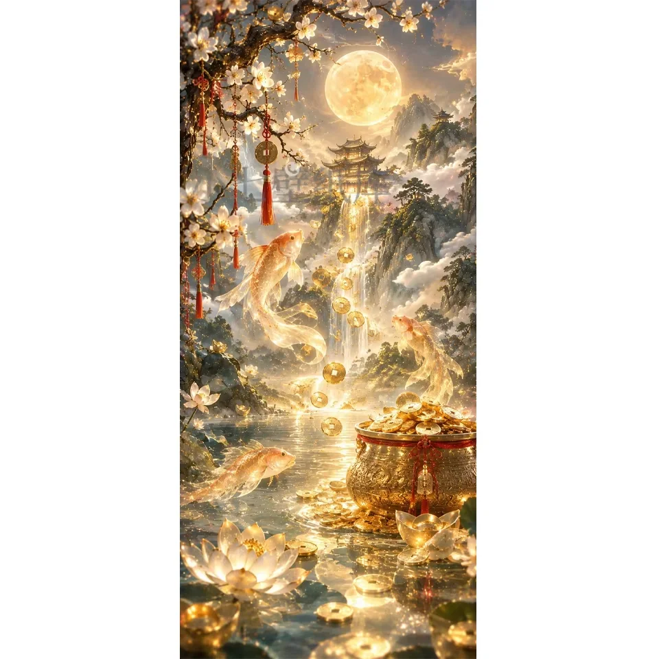 Animal DIY Diamond Painting Wealth Landscape Goldfish Moon Tower Flower Art Mosaic Embroidery Full Diamond Set Home Decoration