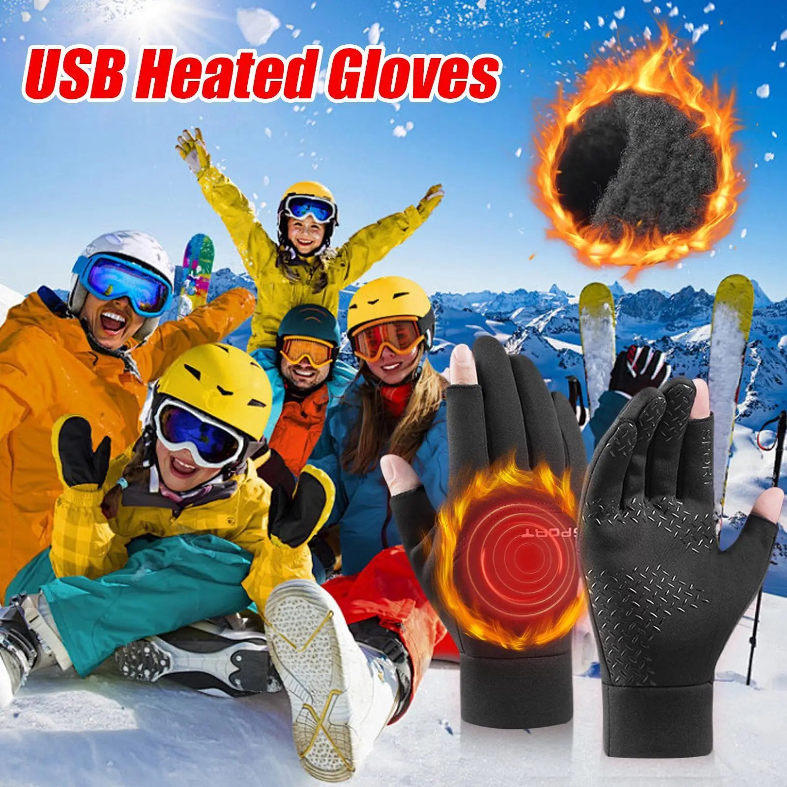 

USB Heating Ski Snowboarding Mitten Screen Touch Cold Weather Thermal Heated Gloves For Sports Outdoor Hiking Cycling working