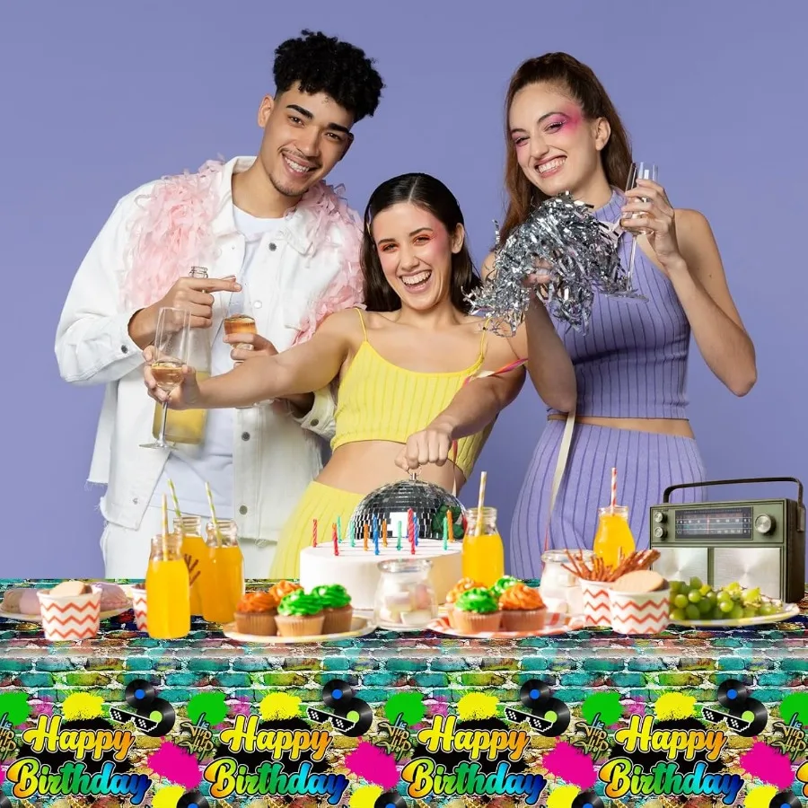 3 pcs 80s Party Tablecloth Hip Hop Birthday Party Decorations Plastic Disposable Table Cover 80 90s Theme Birthday Party Suppli