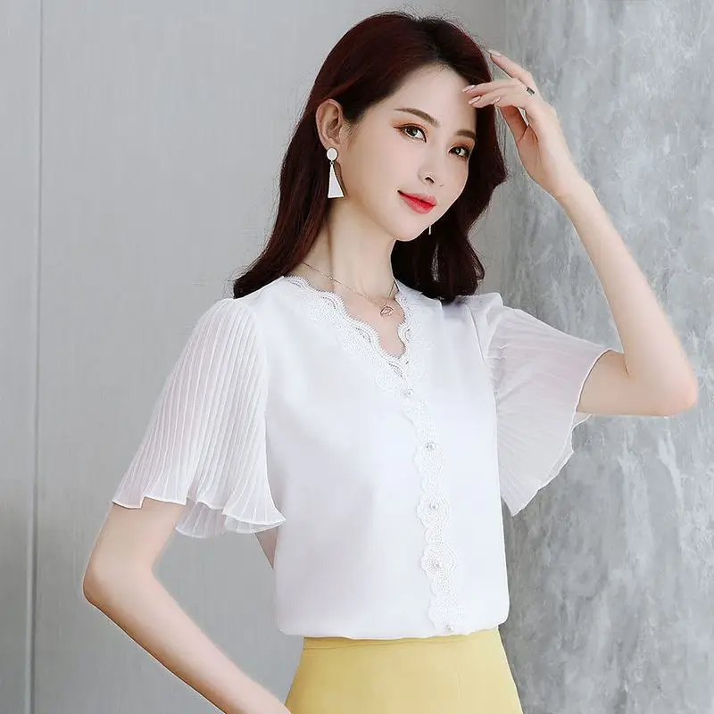 Elegant V-Neck Spliced Lace Ruffles Folds Flare Sleeve Blouse Women\'s Clothing 2023 Summer New Casual Pullovers Beading Shirt