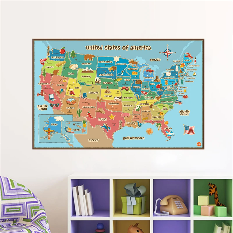 Animal & Plants Map Of American Wall Stickers Kindergarten Classroom Kids Room Home Decoration USA Map Wall Mural Art Pvc Decal