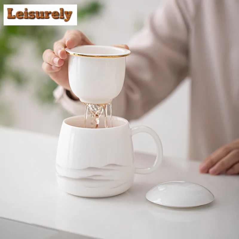 Sheep Fat Jade White Porcelain Ink Far Mountain Filter Tea Separator Cup Retro Tea Mug With Infuser Tea Soaking Office Water Cup