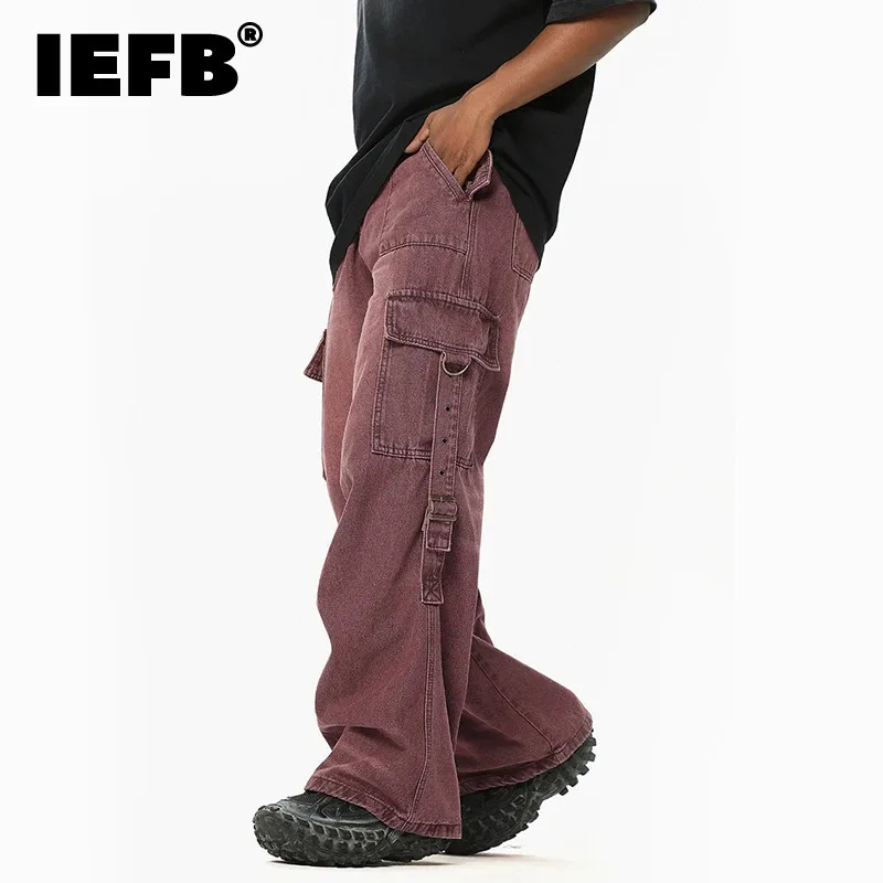 IEFB High Street heren denim broek riem wassen versleten geplooid ontwerp effen kleur rechte wijde pijpen mannelijke cargo jeans 9C9242