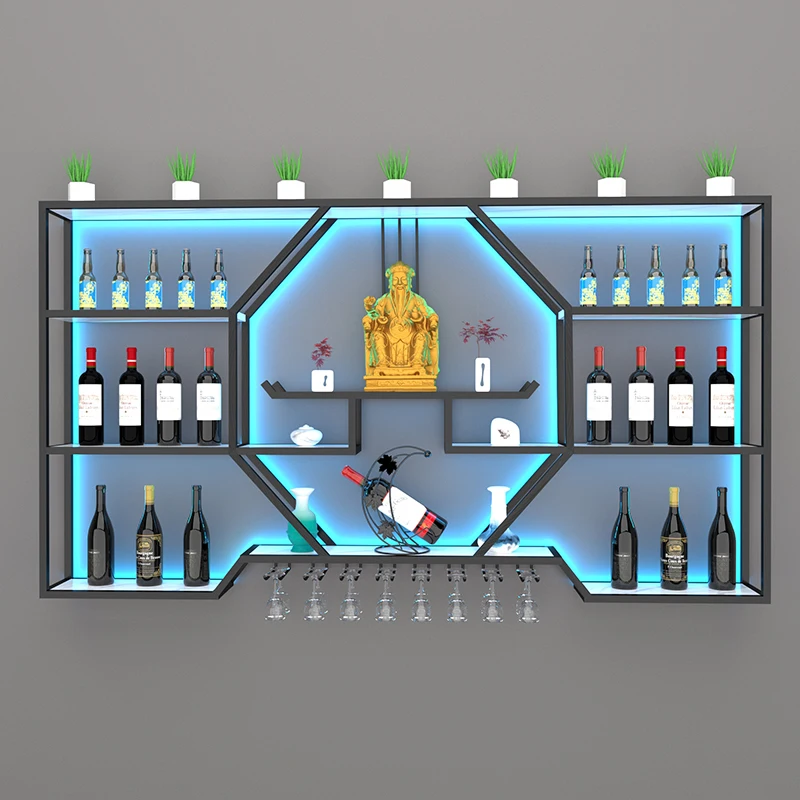 

Nightclub Wall Mounted Wine Cabinets Shelf Showcase Cocktail Vinera Alcohol Cabinets Storage Metal Bancone Da Bar Bar Furniture