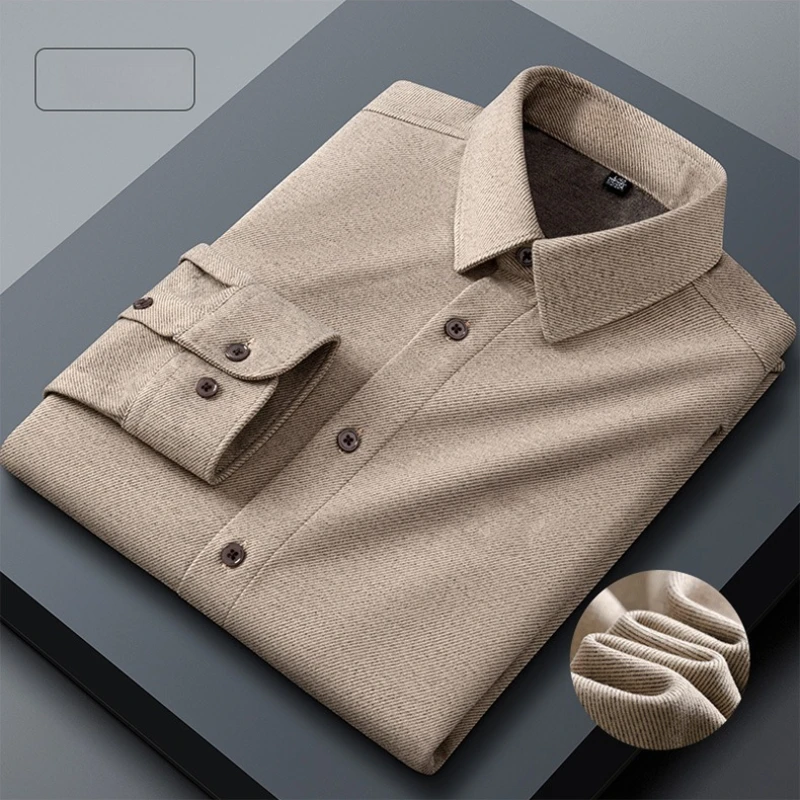 Herren-Langarmhemd aus Kunstwolle, einfarbig, Basic-Stil, helles Khaki, Schwarzgrau, Gentleman-strukturiertes Hemd M-4XL