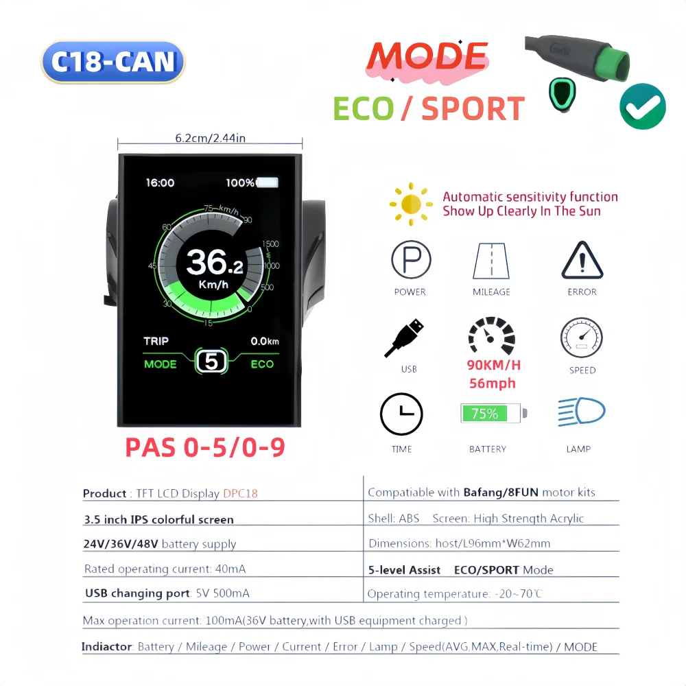 Classy-For Bafang DPC18 CAN Canbus Display For Bafang M500 M600 M510 M820 Mid Drive CAN Protocol Motor With Plug