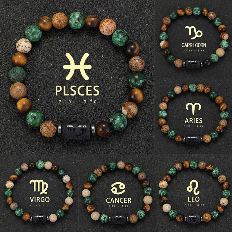 

12 Zodiac Signs Natural Stone Bracelets Taurus Cancer Virgo Pisces Bracelets Ladies Men Couples Friendship Jewelry Gift Bracelet