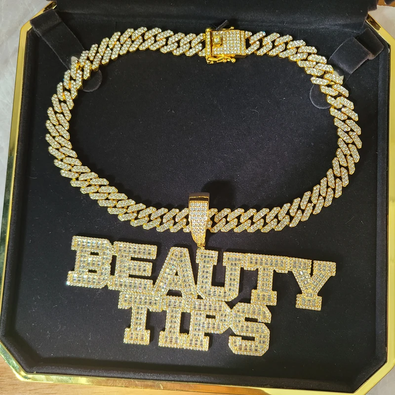 Custom Word Necklace Iced Out  AAAA Zirconia  Baguette  Letters With Big Hoop Cuban Chain Pendant For Men Women Hip Hop Jewelry