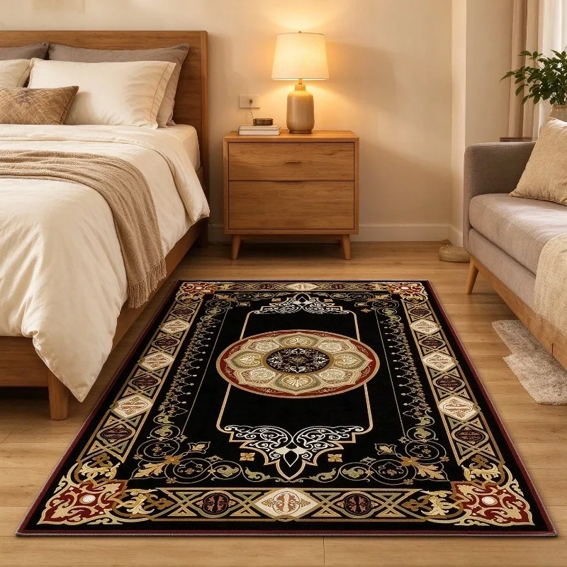 Black Base Vintage Persian Oriental Area Rug, Gold Red Medallion Traditional Printed Carpet, for Living Room Bedroom Home Decor