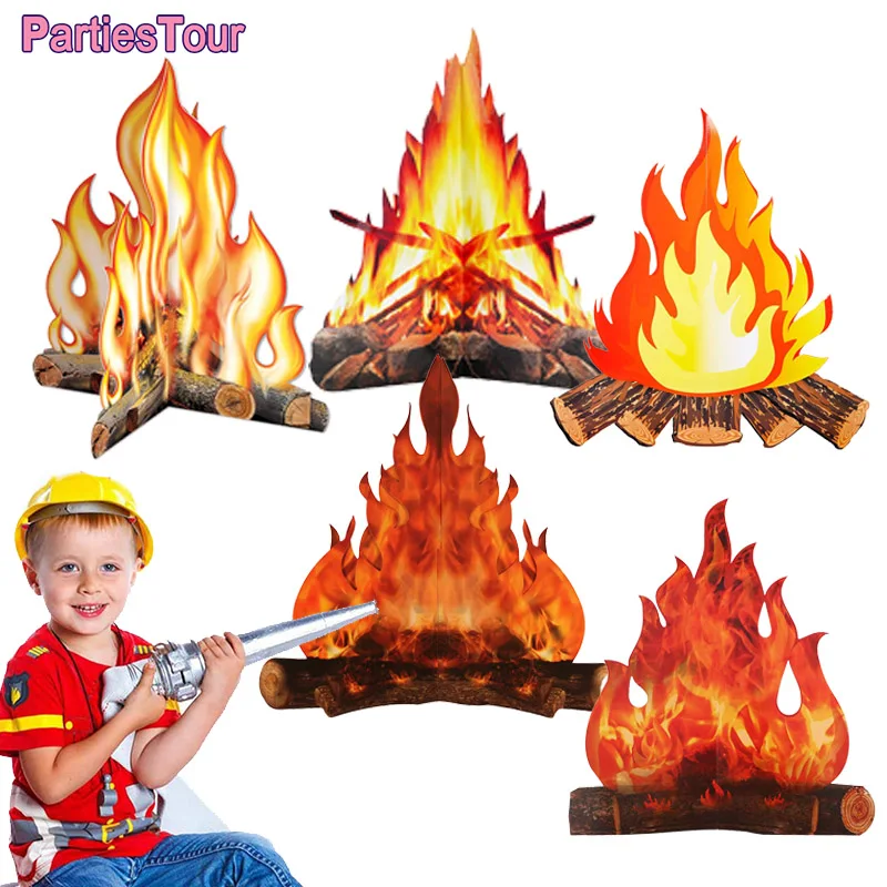 3D Cardboard Campfire Centerpiece Artificial Fire Fake Flame Fireman Sam Fire Truck Firefighter Theme Birthday Party Decoration