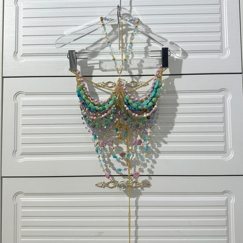 Handgefertigte türkisfarbene Lavendel-Körperkette mit mehreren Steinen für Damen, rückenfreier Ausschnitt, Perlen-Bustier-Bikini, Tankini-Badebekleidung, Dessous