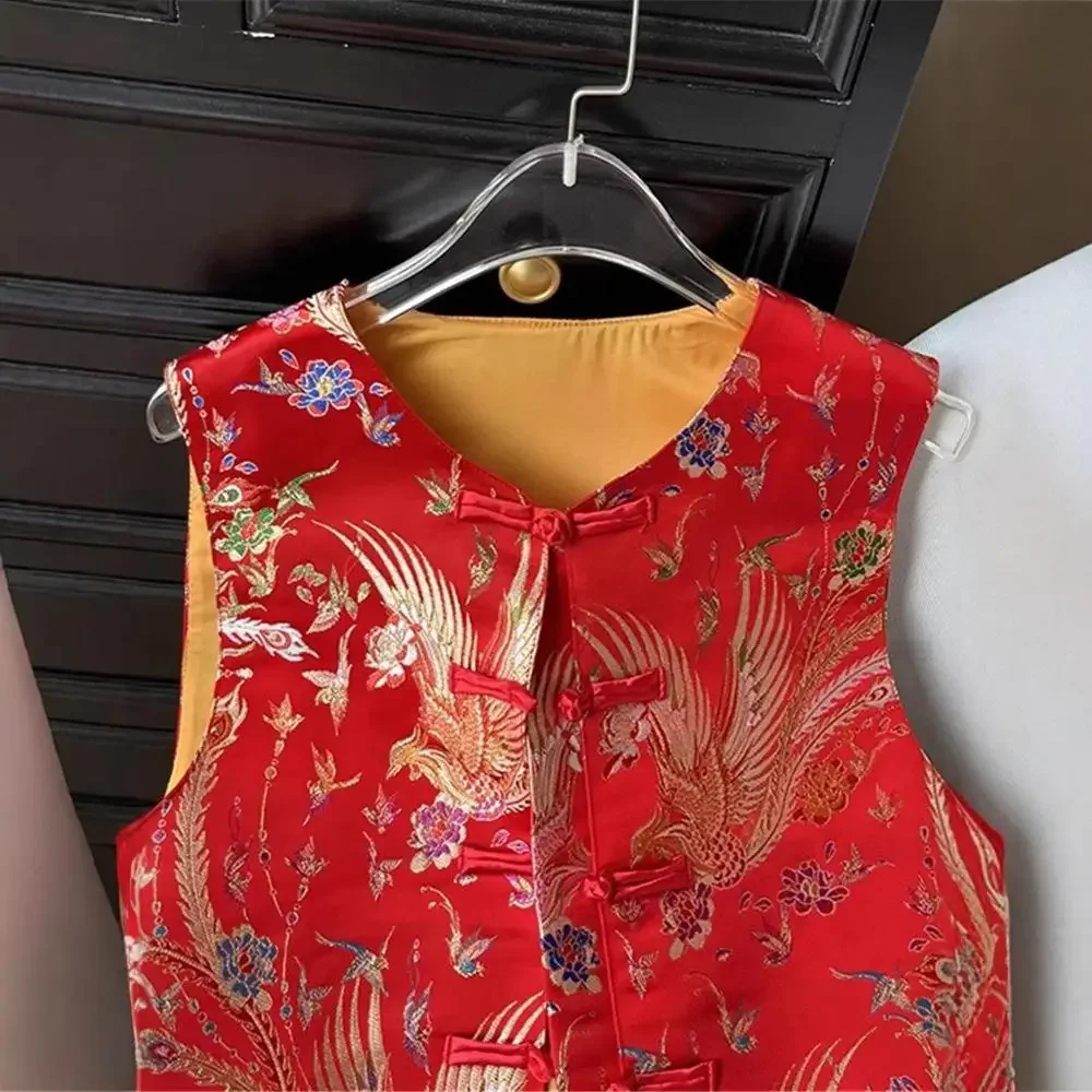 

Red Chinese Tradition Vest Tops Women Wedding Party Sleeveless Outwear Jacquard Phoenix Qipao Tops Loose Camisole Coat