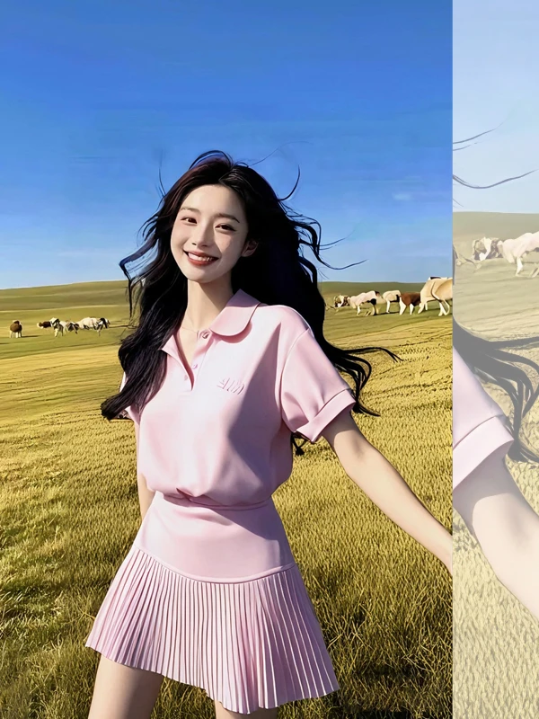 Tenue d'été rose Ne t-shirt jupe ensemble décontracté Anti-âge taille haute jupe trapèze ort Sve mi-longue printemps Faion