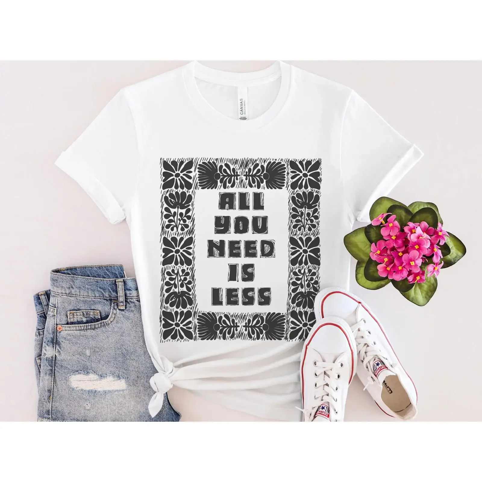 All You Need Is Less T Shirt Minimalist Floral Linocut Style Eco Conscious Slow Fashion Activism Climate Change vintage Washed