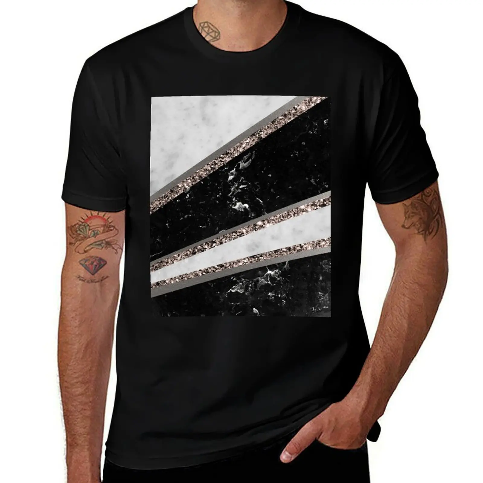 Black and White Marble Rose Gold Stripe Glam #1 (Photo of Glitter Only - Not Reflective) T-Shirt Plus Size Basic Cotton T-Shirt
