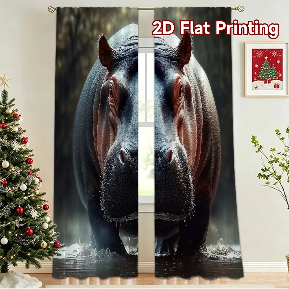 2D flat 2pcs Curtain Country Style Hippo Standing in Water Digitally printed polyester, colorfast Birthday Party for Oversized