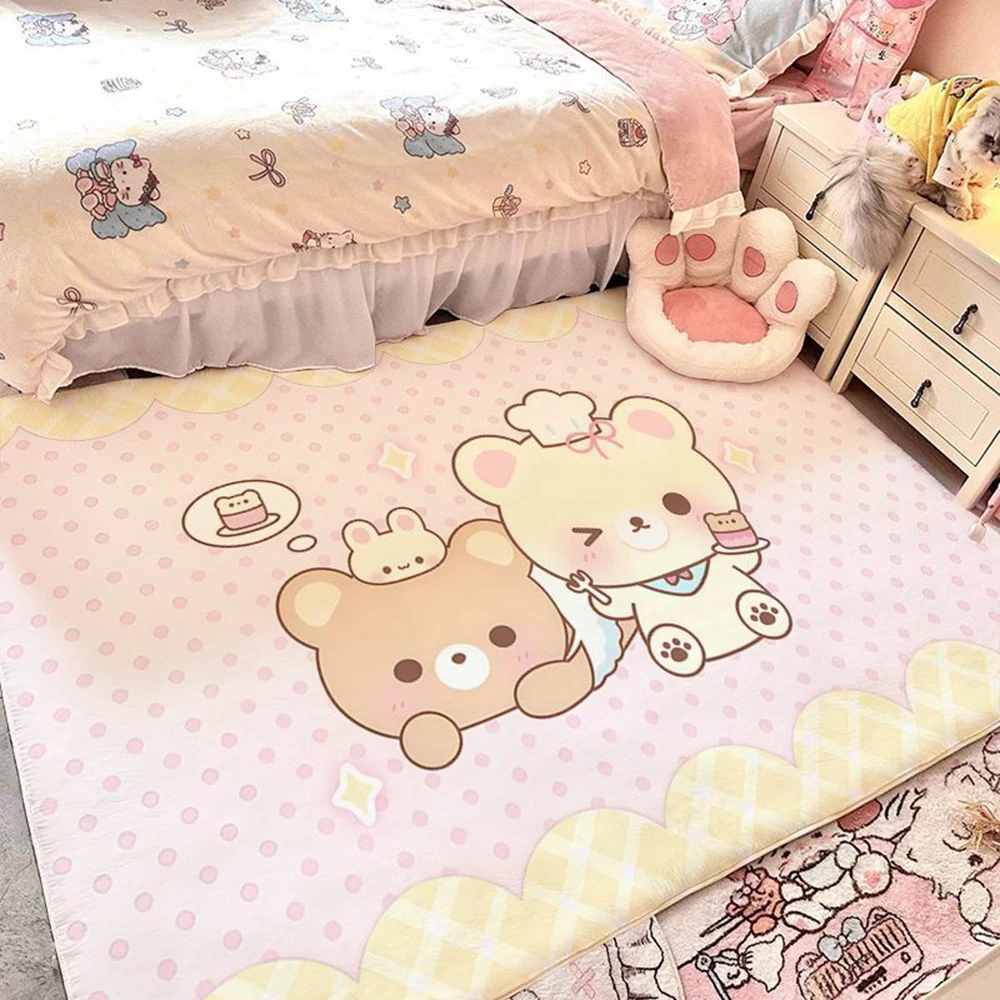 Rilakkuma Niedlicher Cartoon-Kunstfell-Teppich, Ästhetische Flauschige Bodenmatte, Weicher Rutschfester Teppich für Schlafzimmer, Wohnzimmer, Sofa
