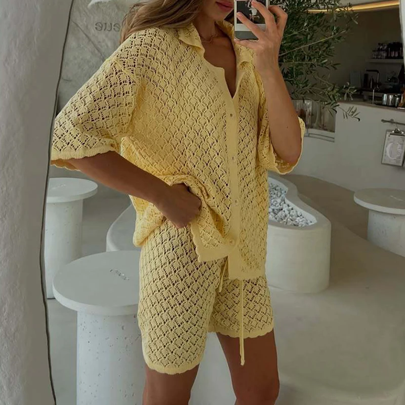 

Women Hollow Solid Knitted 2 Piece Suit Simple Lapel Button Crochet Top & Shorts Sets Summer Vacation Casual Loose Beach Outfits