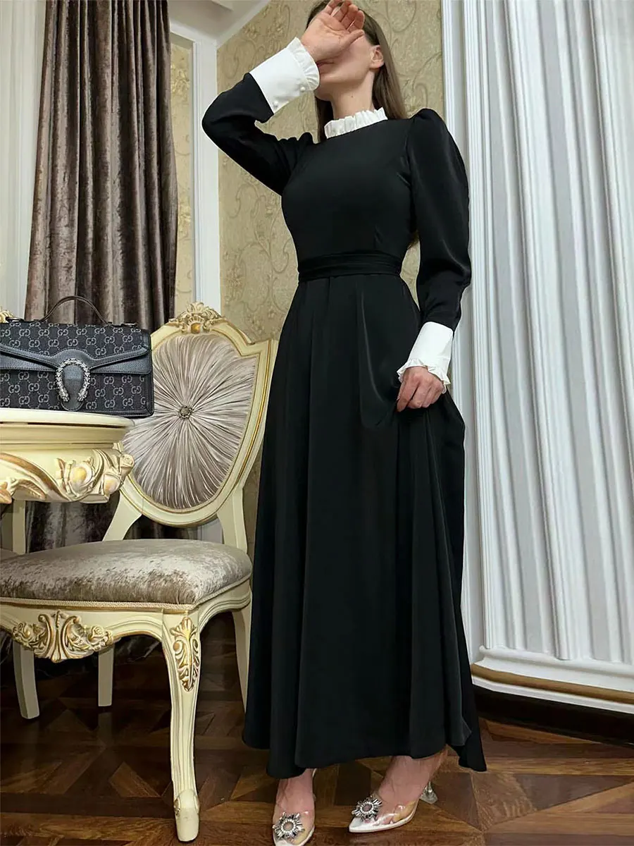 Fashion Dress Fungus Collar Puff Sleeve With Belt For Muslim Woman Dubai Moroccan Saudi Urban Casual Abayas Robe Clothing 2024