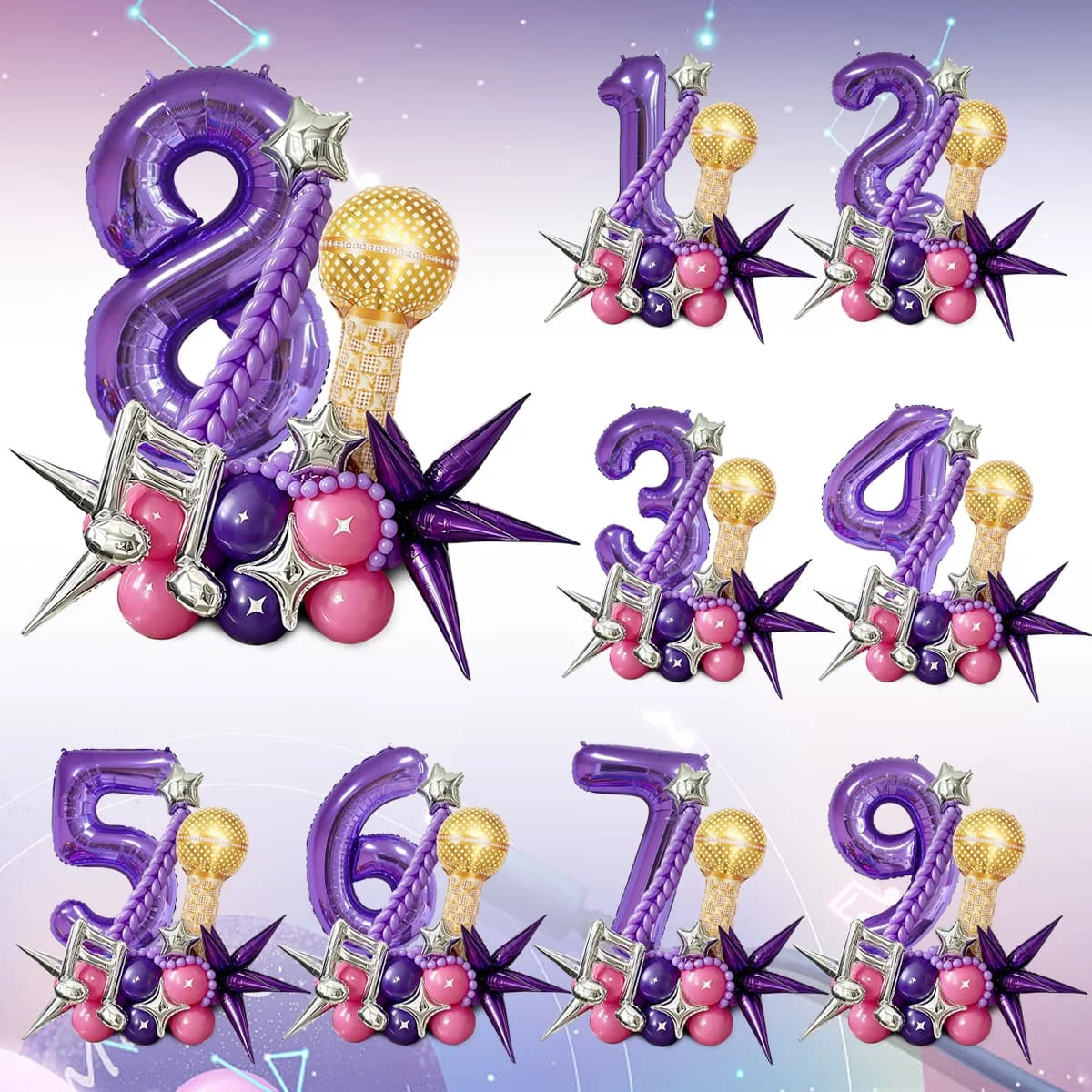 1 Set Lila Zahlenballons und Notenballons Set Mikrofonförmige Ballons für Geburtstagsfeier K-Pop Disco Musik Party Dekoration