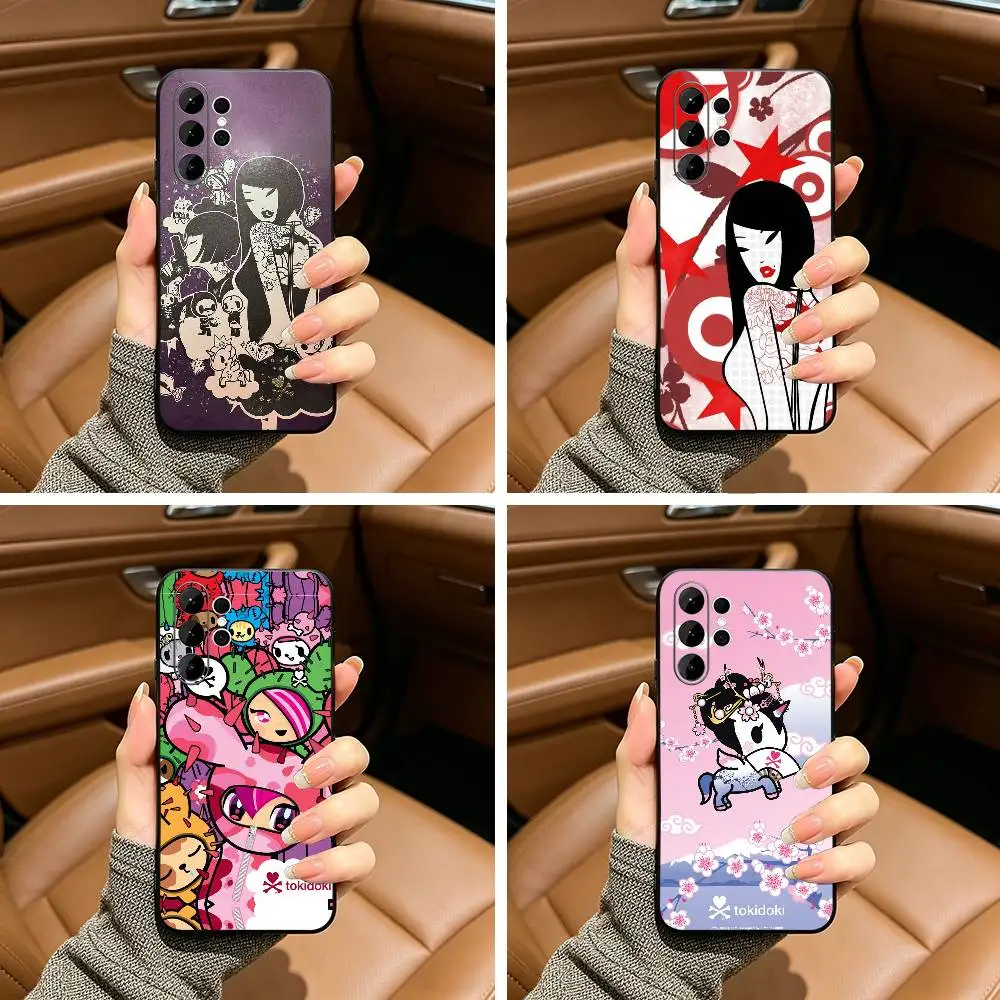 Retro Cute Vibe T-Tokidoki Art Phone Case For Samsung S25,S24,S21,S22,,Plus S23,S30,Ultra,S20,Fe,Lite,Black Soft Silicone