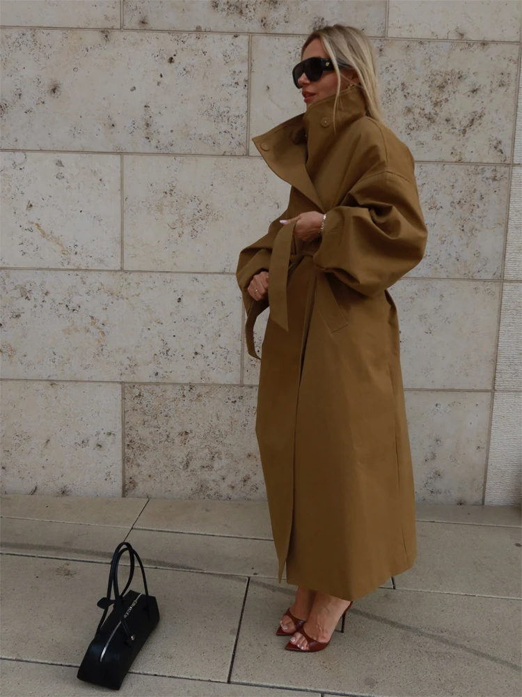 Lady Oversized Long Trench Women Coat Stand Collar Single Breasted Loose Wide Sleeve Casual Coats New Autumn Winter Chic Jackets