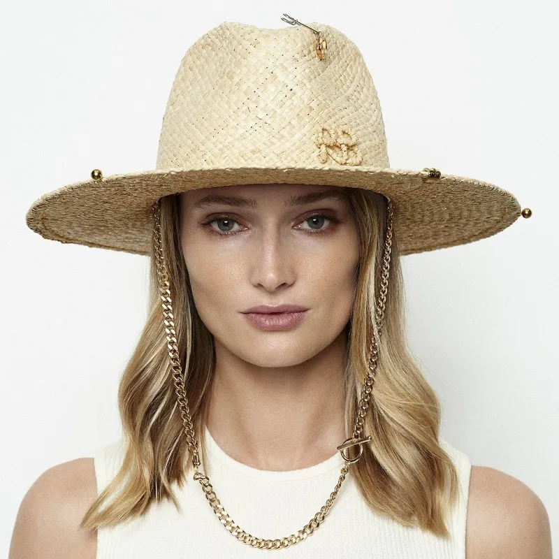 Women's RB Raffia Straw Fedora Beach Sun Protection Hat