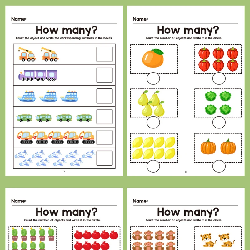 Un quaderno di esercizi di matematica da 64 pagine con pagine colorate con attività di conteggio, addizioni e sottrazioni, linea numerica da 1-20, servizio