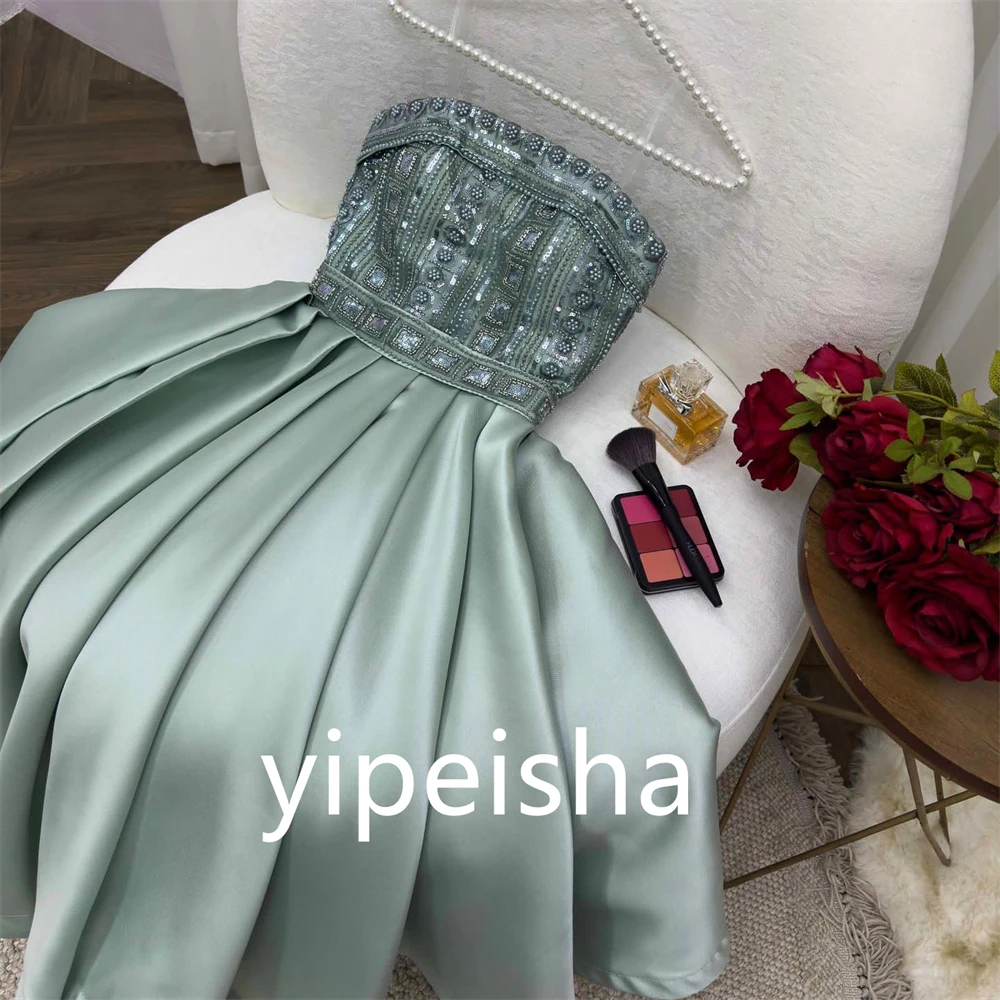 Customized Sparkle Prom Sexy Casual Strapless A-line Party Dress Beading Draped Anke length Charmeuse Evening