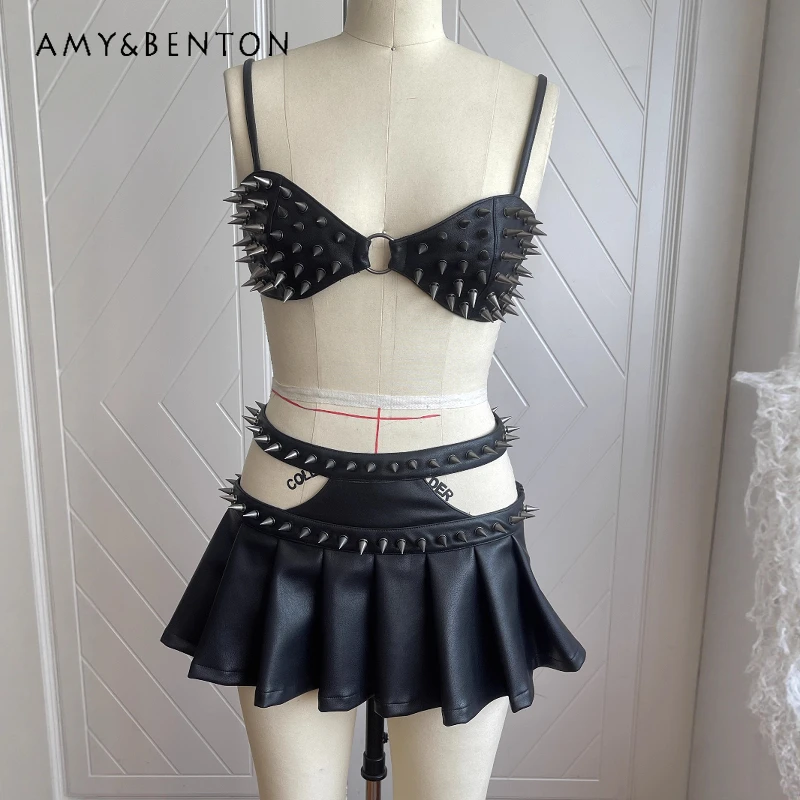 

European American Dark American Rivet PU Leather Women's Sling Bra Original Design Sweet Cool Sexy Hollow Out Skirt Set Ladies