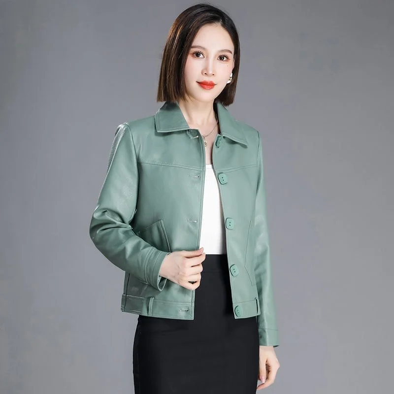 Pop PU Leather Jacket Women Nice Spring Autumn Slim Fit Small Short Leather Coat Women Turn-down Collar Button Green Jacket