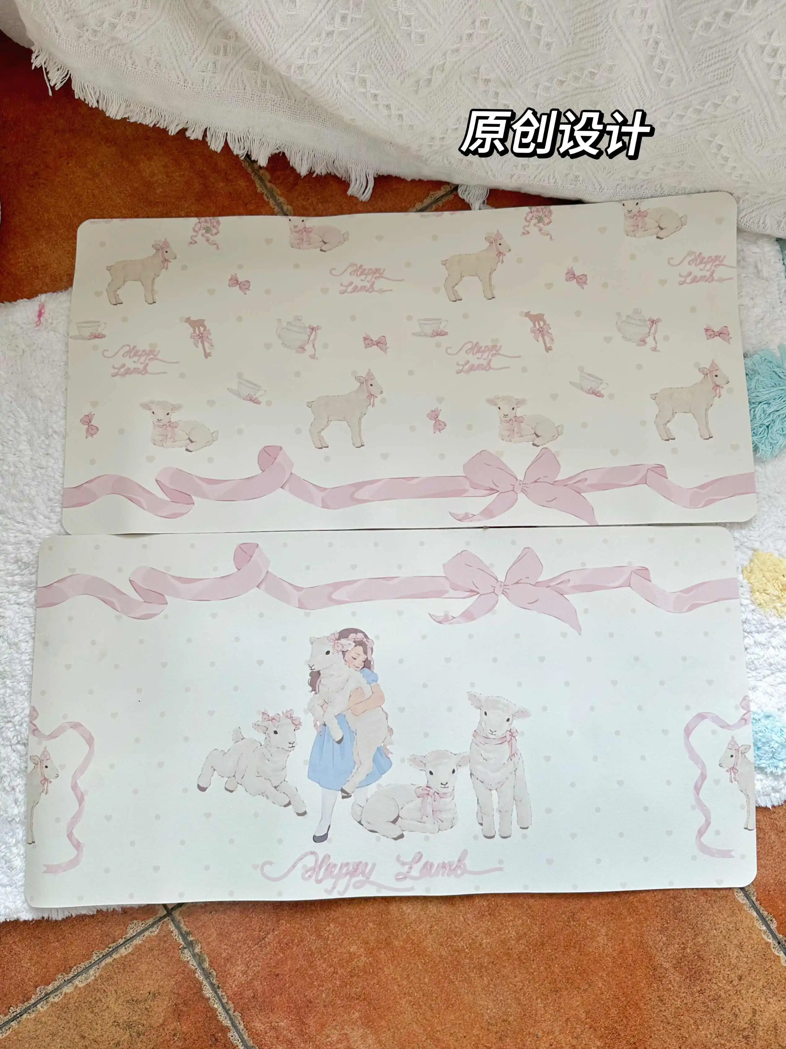 Original Design Happy Lamb Pink Ribbon Leather Table Mat Waterproof New Leather Gaming Keyboard Mat For Girls Hearts Office Mat
