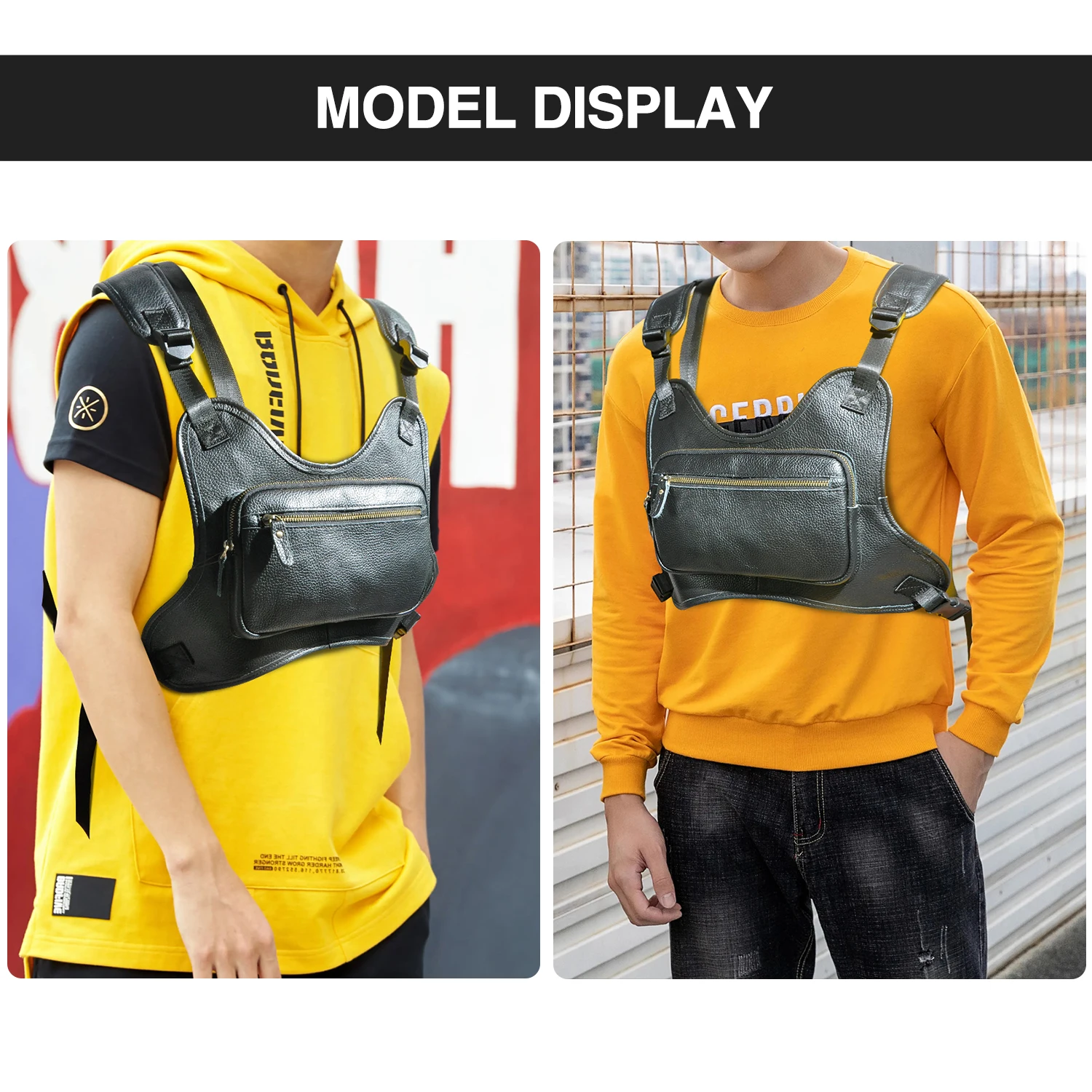 Real Thick Leather Vintage Streetwear Men Hip-Hop Chest Bag Two Straps Chest Rig Bag Fashion Rectangle Chest Utility Pack 291