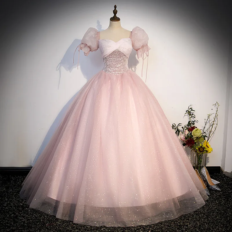 Evening dress 157 pink princess bride toast dress stage performance solo wedding dress host dress