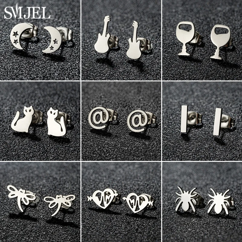 Vintage Dragonfly Earings Trendy Jewelry Cat Guitar Spider Mini Stud Earrings for Women Girls Simple T Bar Ear Piercing Gifts