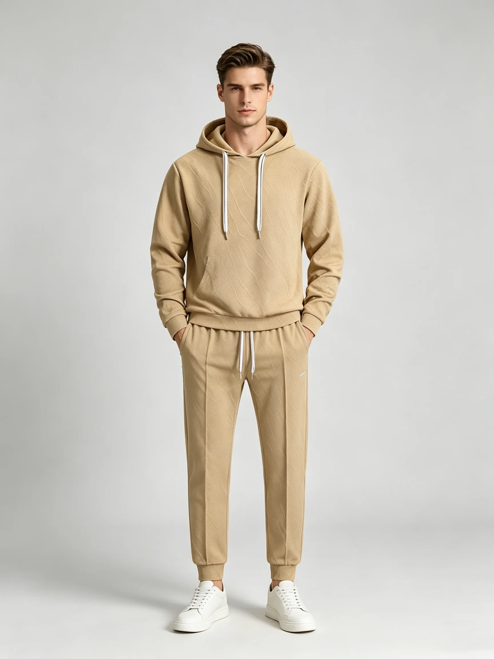 Premium Regular Fit Men Khaki Solid Hooded Tracksuit Minimalist Soft Casual Sweatshirt And Pants Set For Daily Loungewear