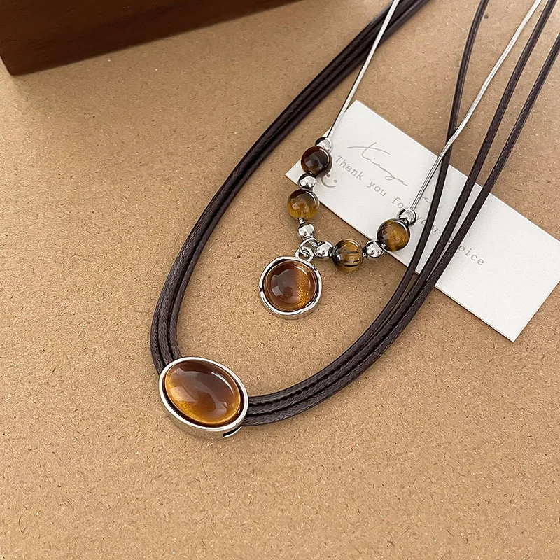 Vintage Tiger Eye Stone Necklaces for Women Elegant Geometric Beaded Necklace Exquisite Stainless Steel Choker Fashion Jewelry