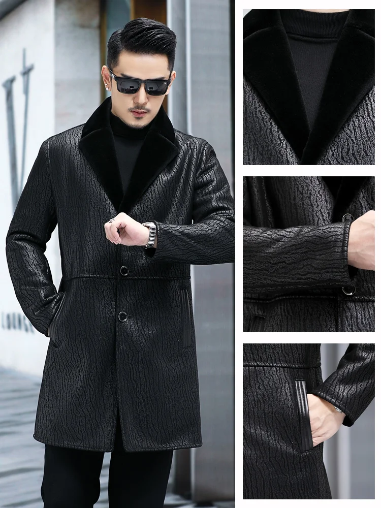 Leren Jas Bont Geïntegreerde Mannen Mid-Lengte Lederen Jas Winter Trenchcoat Bont Blazer Kraag Jas