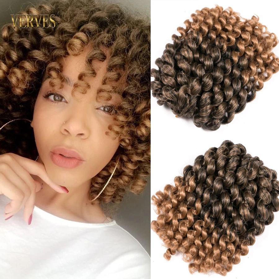 VERVES Synthetic Crochet Hair Extensions Jumpy Wand Jamaican Bounce Curl 8 Inch Ombre Braiding Hair Twist Brown Blonde