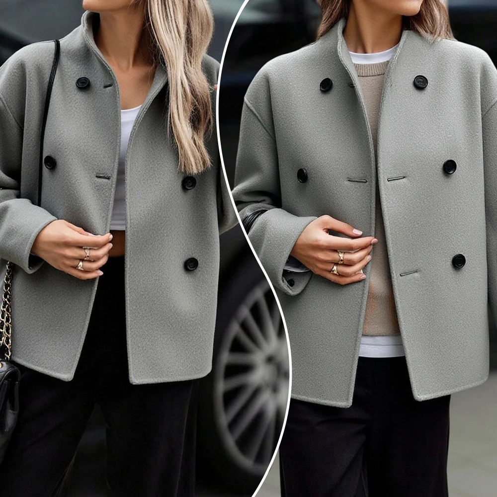 

Women's Coats Spring 2025 Casual Comfort Double-Breasted Solid Color Round Neck Long Sleeve Button Front Straight Coats