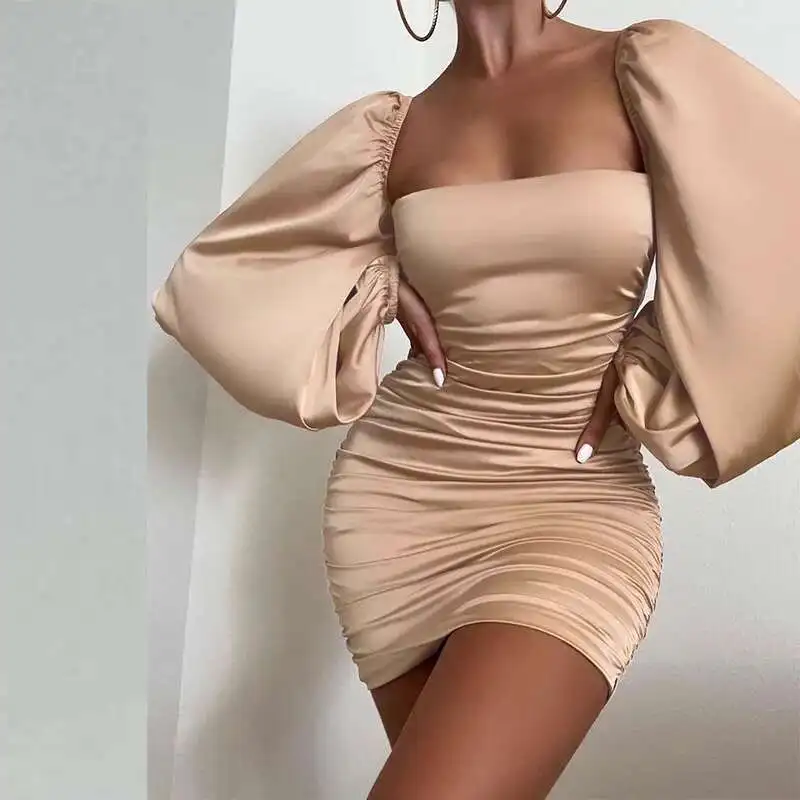 Zl1924 2025 여성의 섹시한 스퀘어 넥 오픈 백 폴드 래핑 된 팔 랜턴 긴 소매 솔리드 컬러 새틴 짧은 스커트