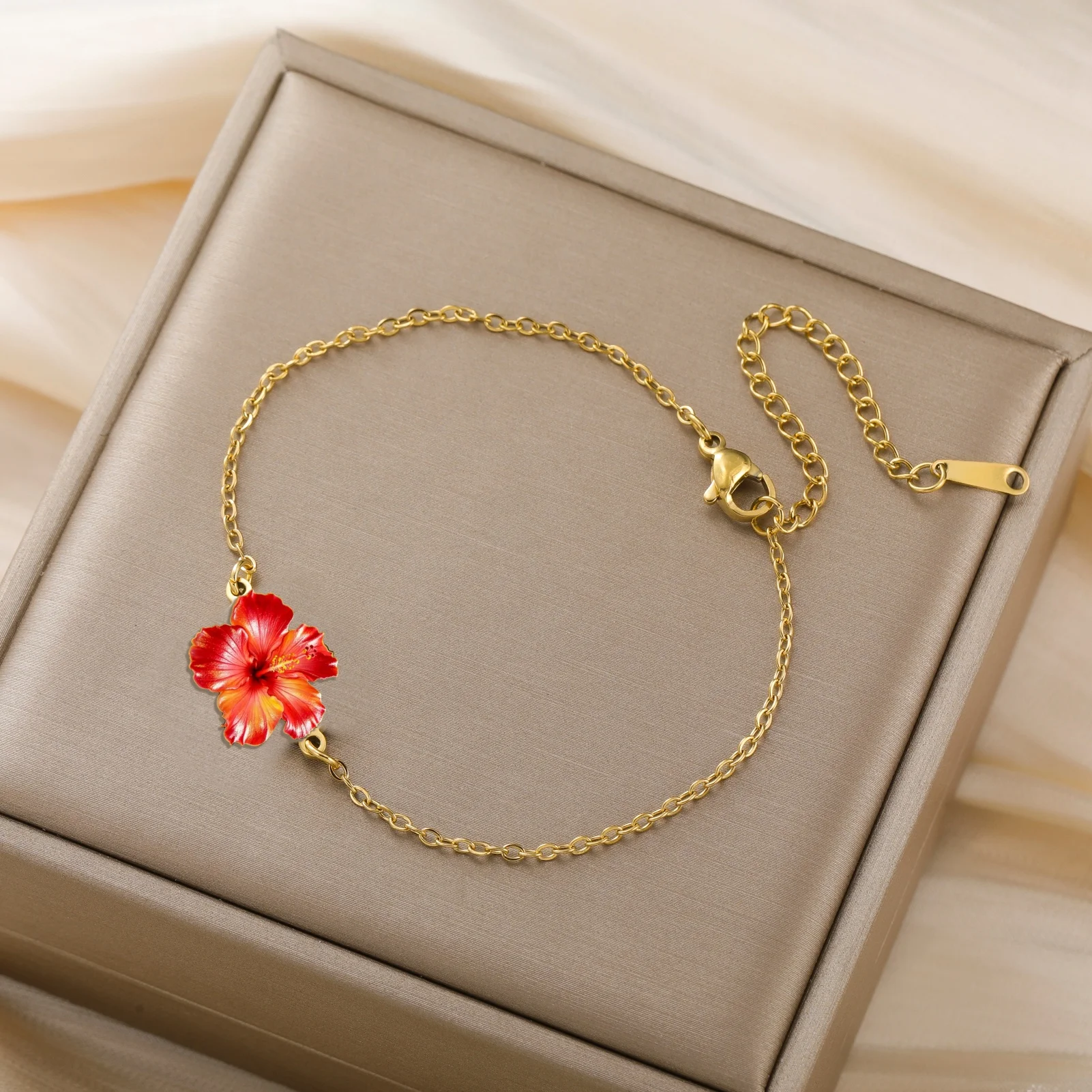 Women's Gold Plated Pink Hibiscus Flower Bracelet