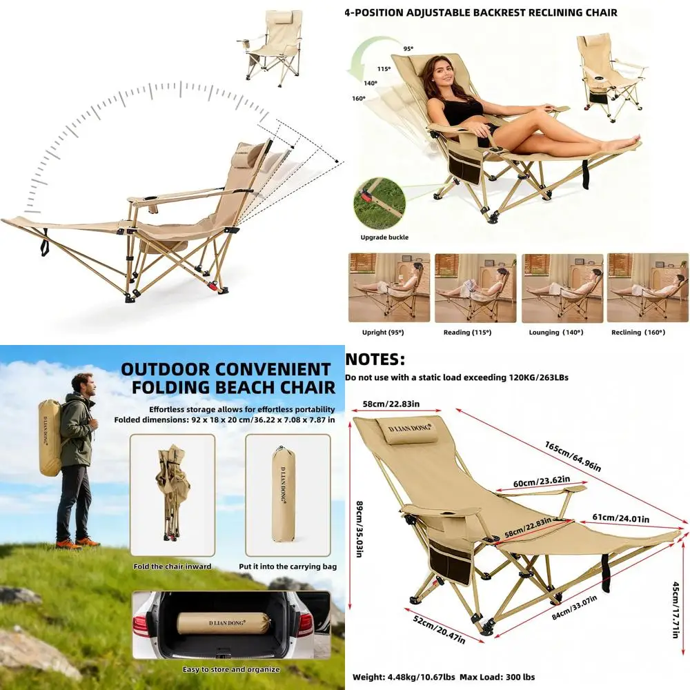 

Раскладное кресло для кемпинга с подставкой для ног, 4-позиционное регулируемое складное кресло-шезлонг для взрослых | Прочные пляжные кресла с...